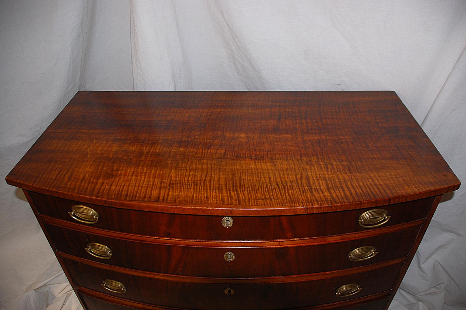 American Federal Period 18th century Hepplewhite bowfront chest of four graduated drawers. This chest has a glorious tiger maple top, maple carcass and matched mahogany drawer fronts. This combination of timber is not unusual even in New England