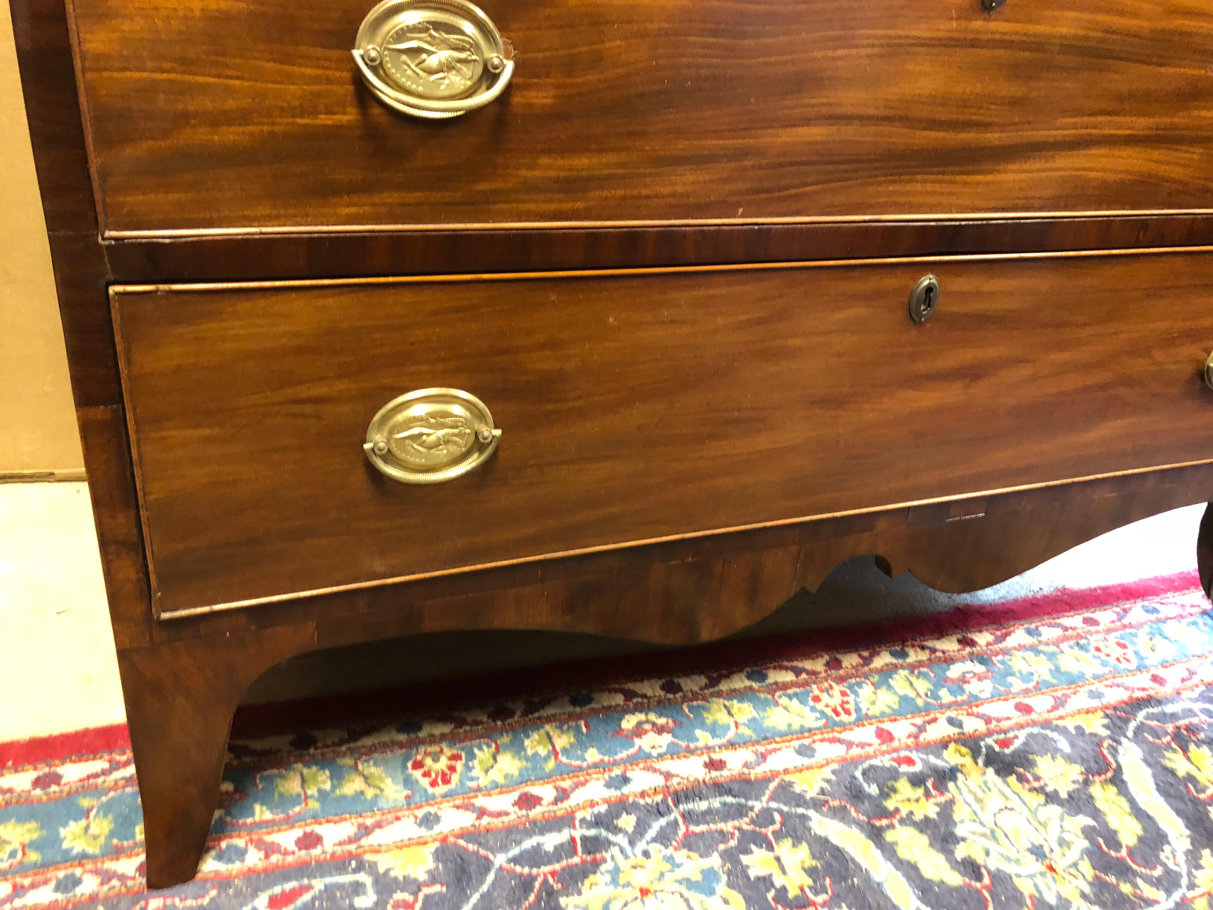 19th Century American Federal Hepplewhite Chest in Mahogany with 3 Top Drawers, Eagle Brasses