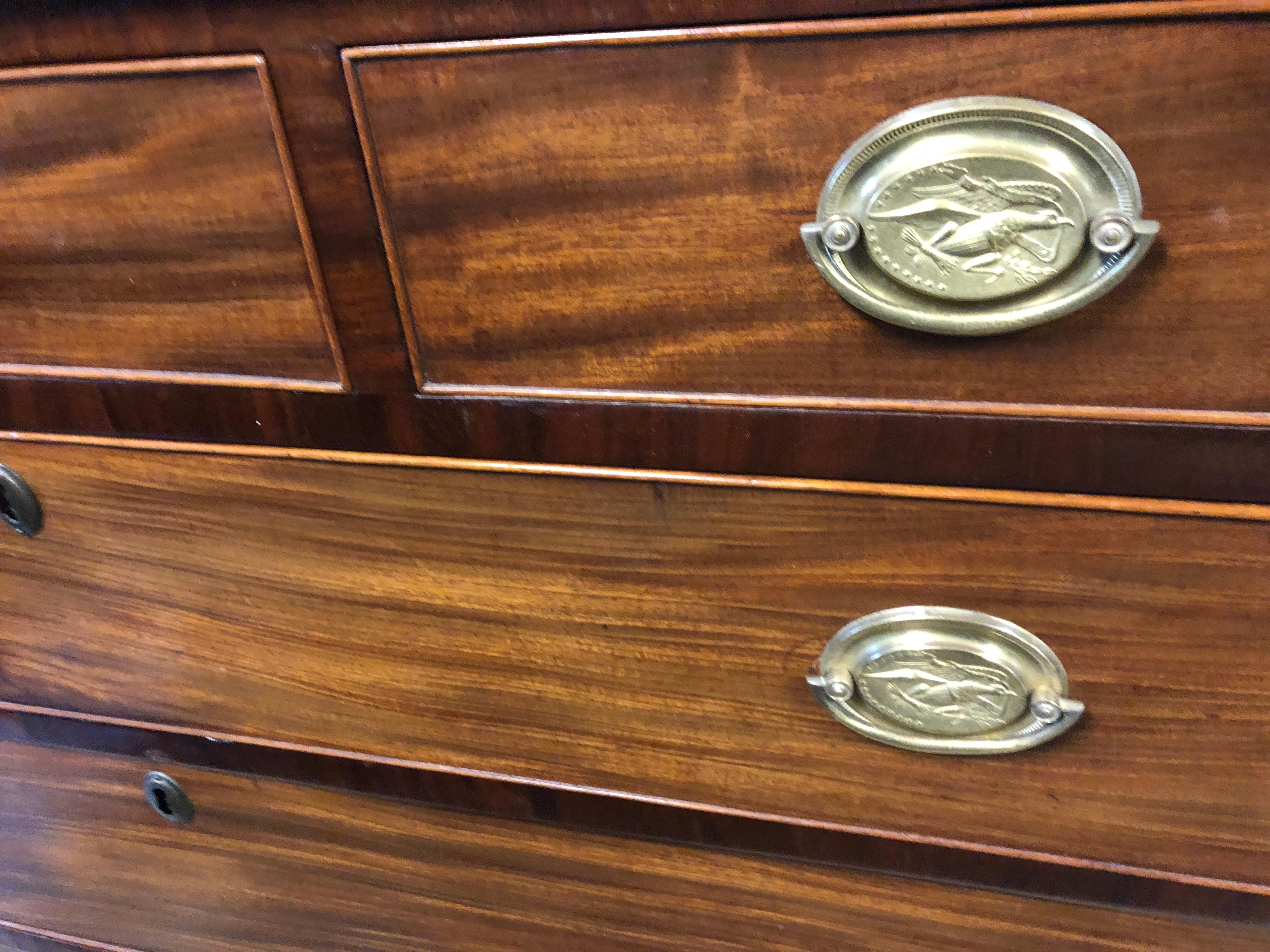 American Federal Hepplewhite Chest in Mahogany with 3 Top Drawers, Eagle Brasses 1