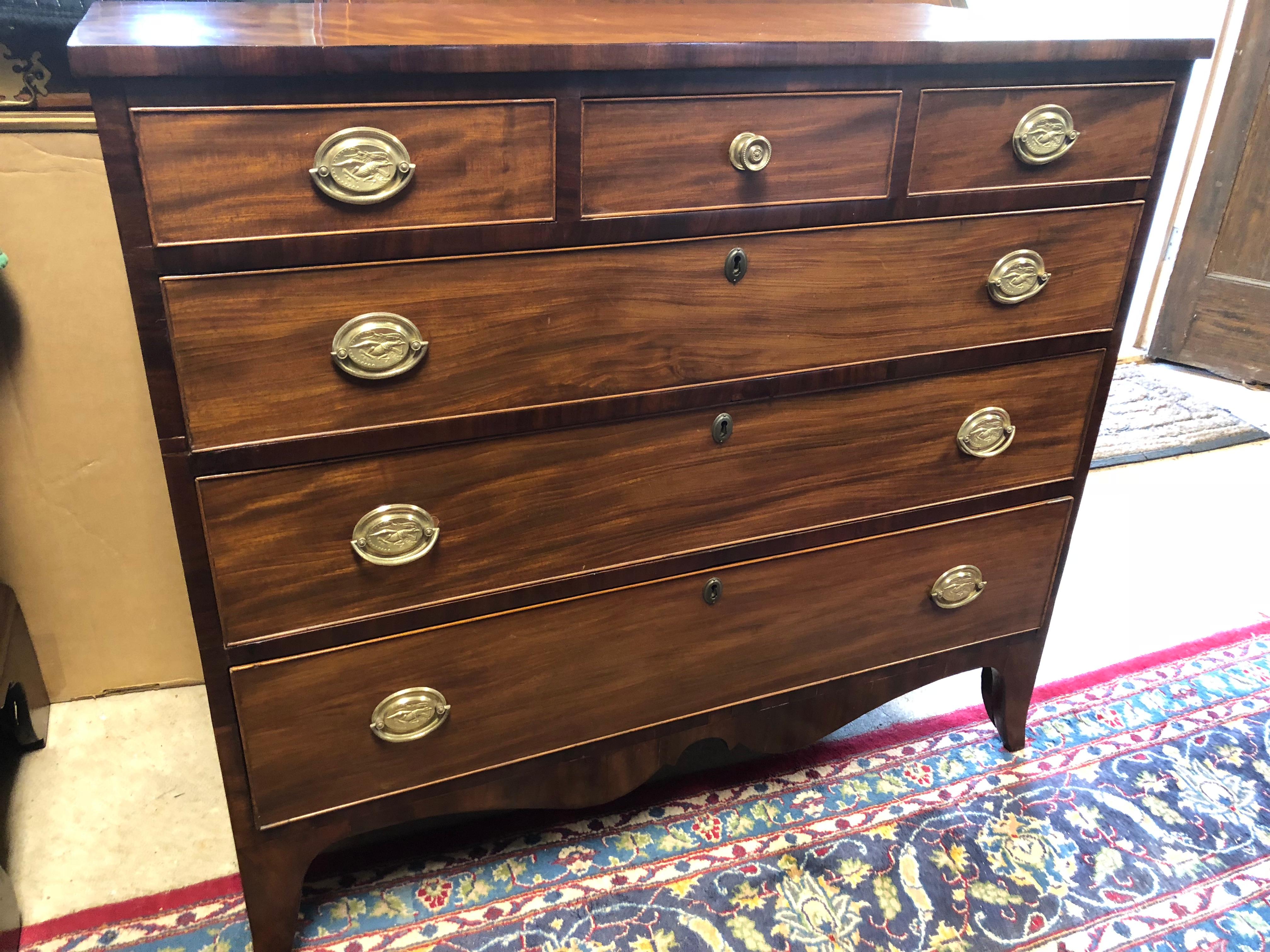 American Federal Hepplewhite chest with 3 top drawers, beautiful grained wood, nice color, period pulls, beautiful tall skirt, a horizontal shape, a nice Federal piece.