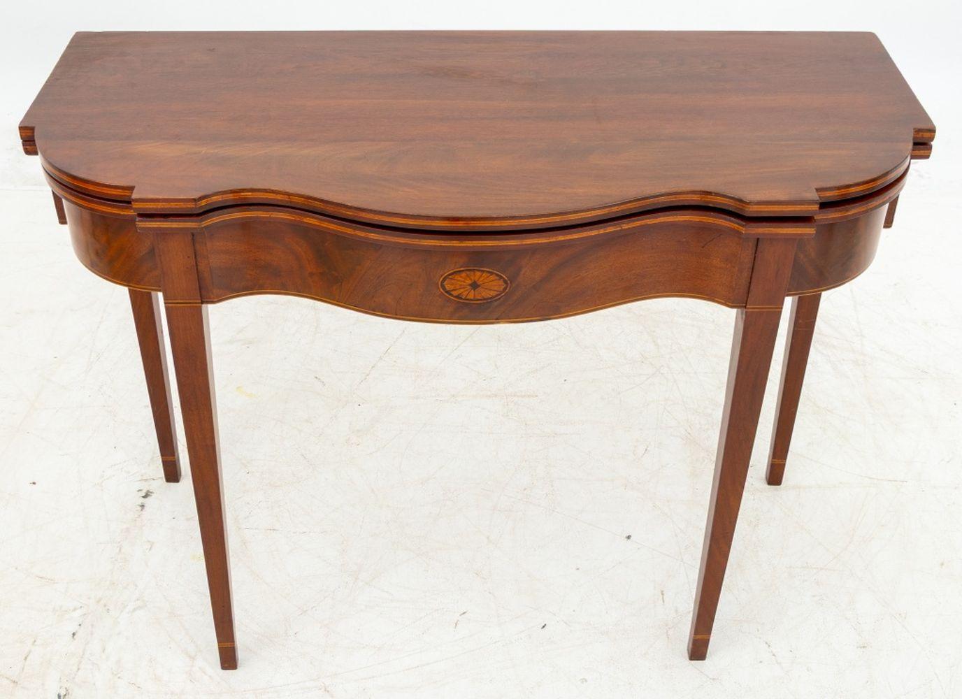 American Federal Inlaid Mahogany Serpentine Card Table, circa 1800, Baltimore of Philadelphia, with flip over top and gate leg extension. Extended: 28.25