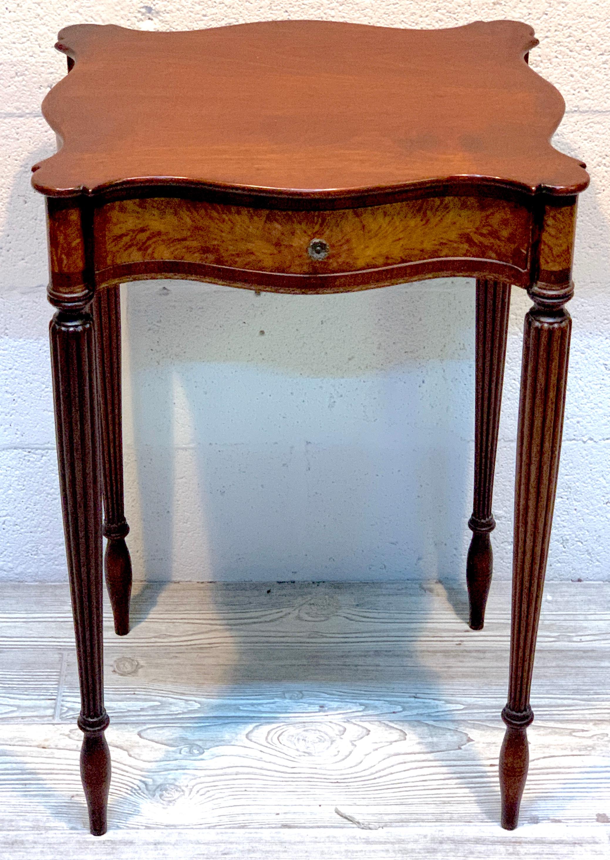 American Federal Inlaid Mahogany Work Table, New England. With serpentine top with outset corners, fitted with one 13.5