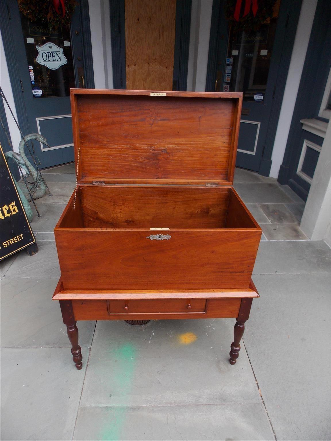 Hand-Carved American Federal Mahogany and Spanish Cedra Sugar Chest on Stand, Circa 1820 For Sale