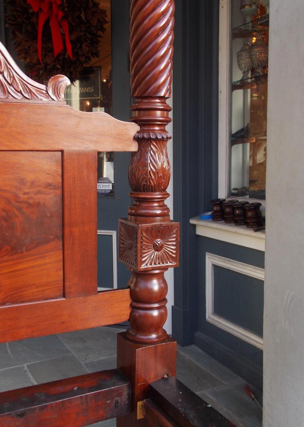 Brass American Federal Mahogany Barley Twist & Foliage Four Poster Bed NY, Circa 1815