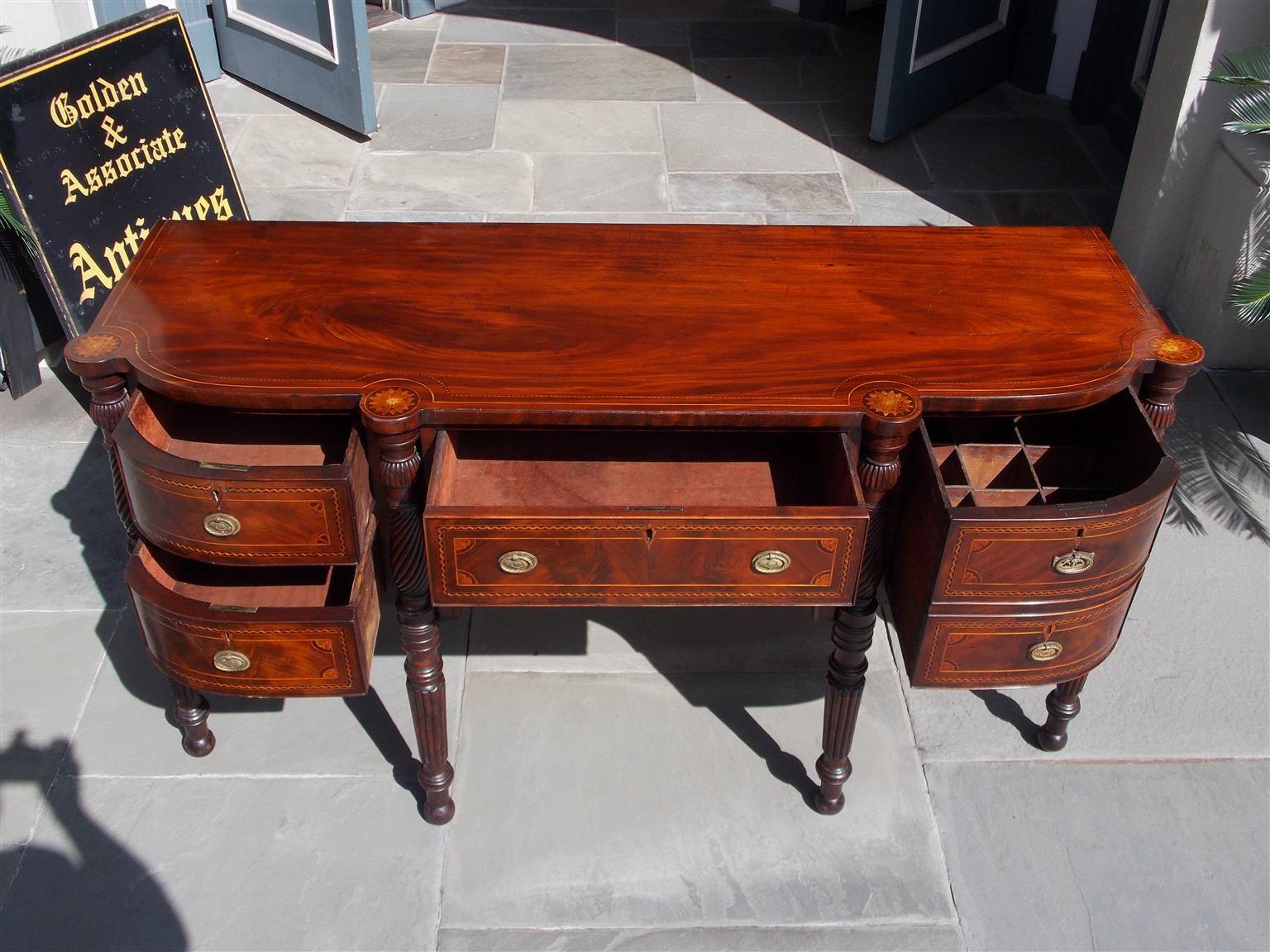 American Federal Mahogany Bow Front Floral Satinwood Inlaid Sideboard Circa 1770 For Sale 3