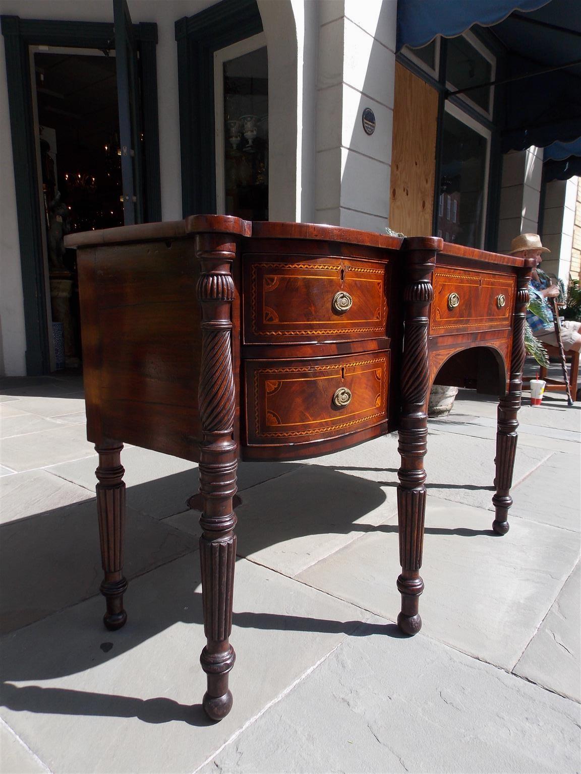 Hand-Carved American Federal Mahogany Bow Front Floral Satinwood Inlaid Sideboard Circa 1770 For Sale
