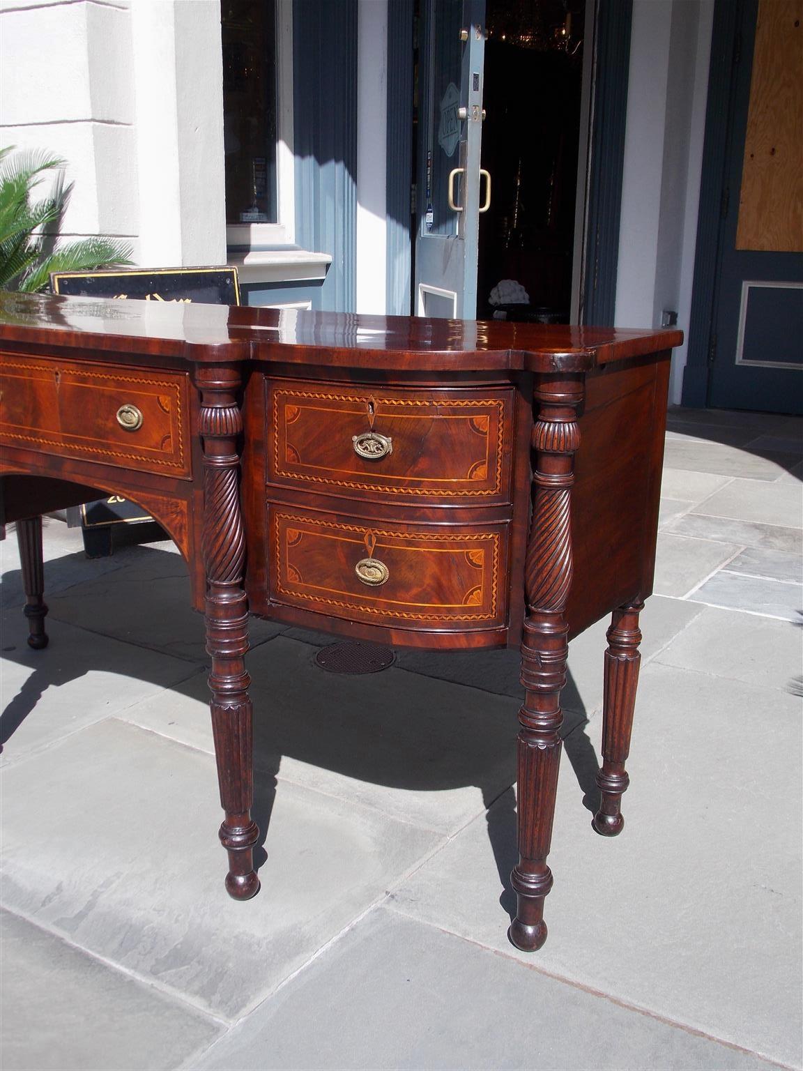 Brass American Federal Mahogany Bow Front Floral Satinwood Inlaid Sideboard Circa 1770 For Sale