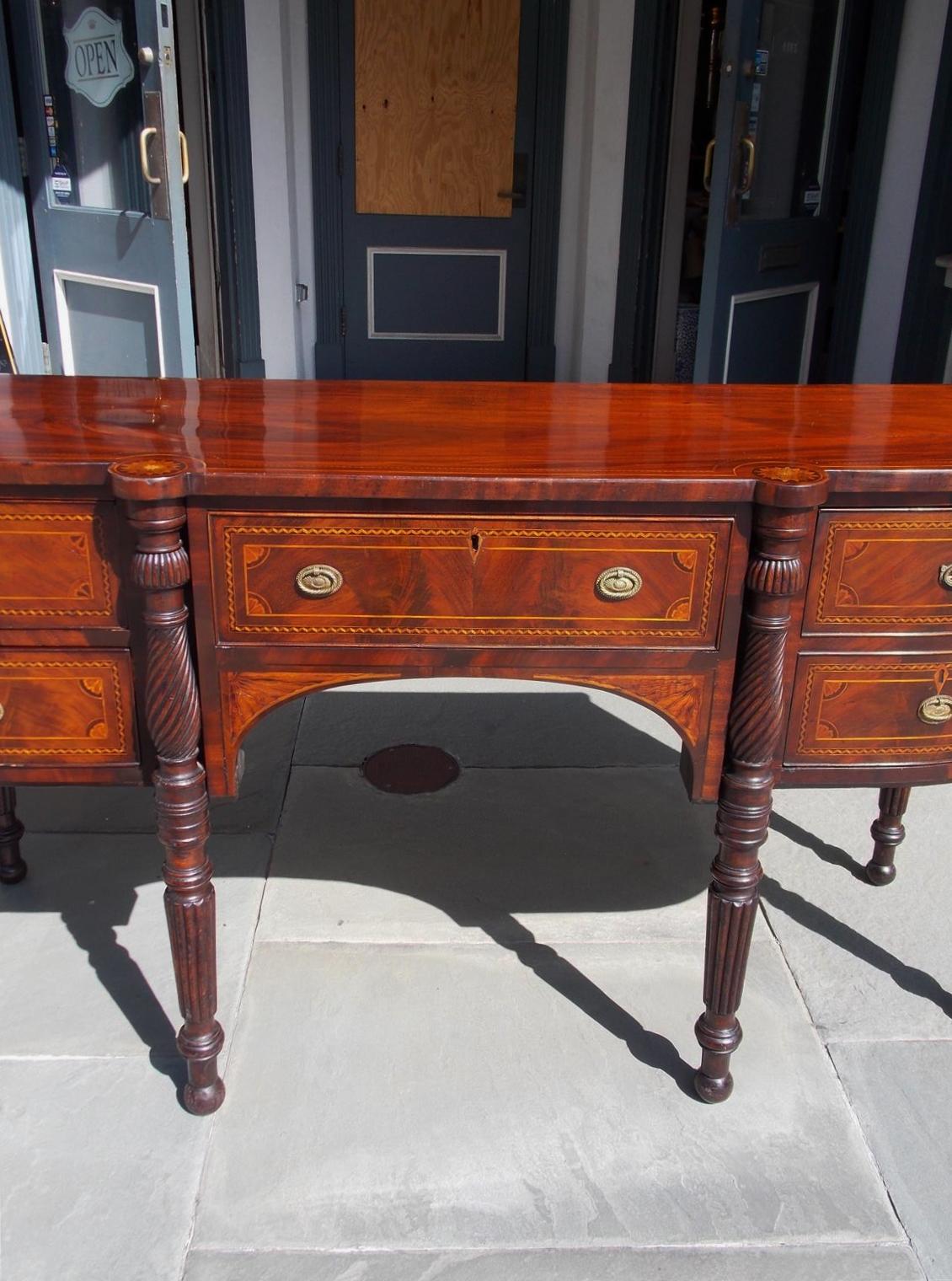 American Federal Mahogany Bow Front Floral Satinwood Inlaid Sideboard Circa 1770 For Sale 1