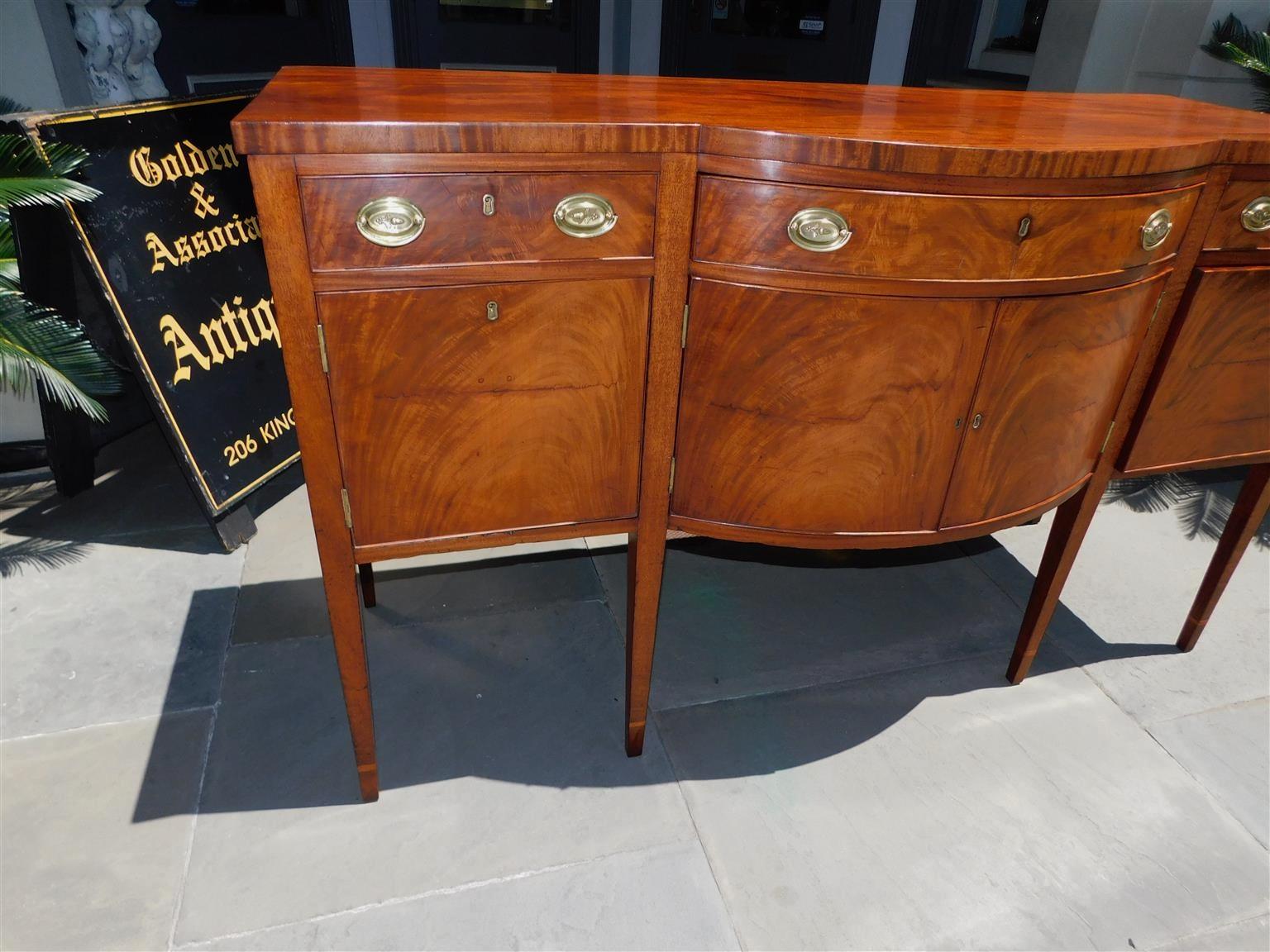 Early 19th Century American Federal Mahogany Bow Front Sideboard with Tapered Cuffed Legs, C. 1810 For Sale