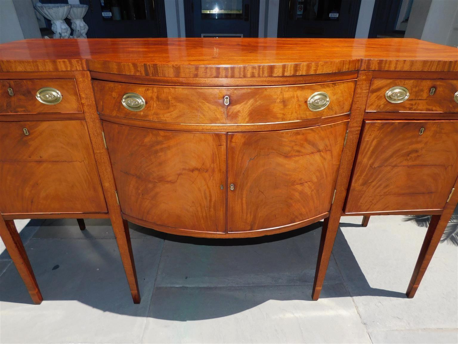 Brass American Federal Mahogany Bow Front Sideboard with Tapered Cuffed Legs, C. 1810 For Sale