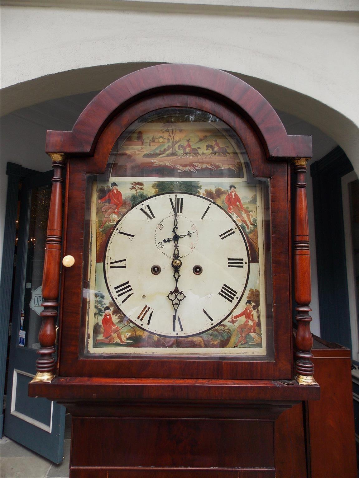 Hand-Carved American Federal Mahogany Inlaid and Painted Tall Case Clock, Circa 1815