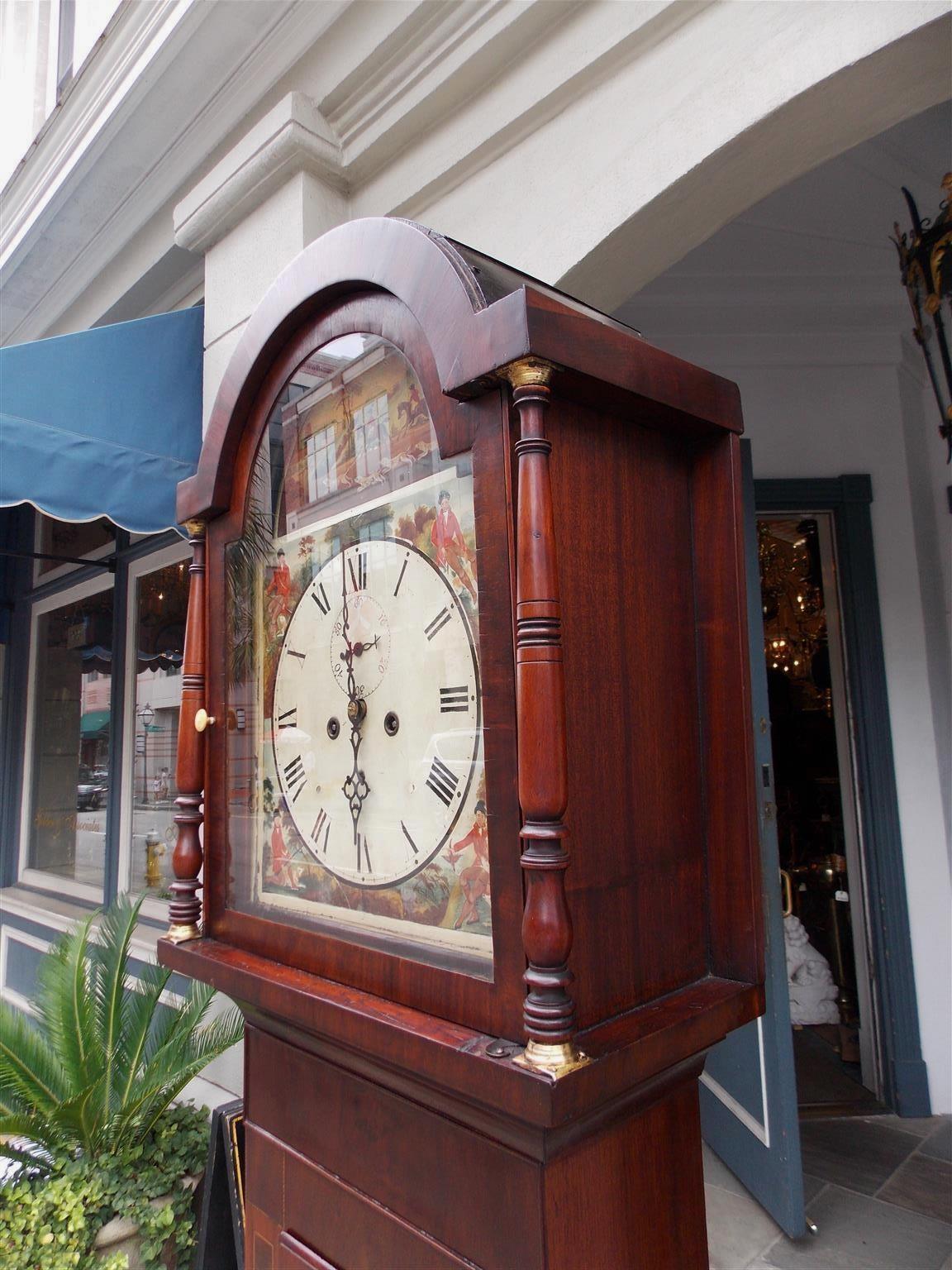 American Federal Mahogany Inlaid and Painted Tall Case Clock, Circa 1815 In Excellent Condition In Hollywood, SC
