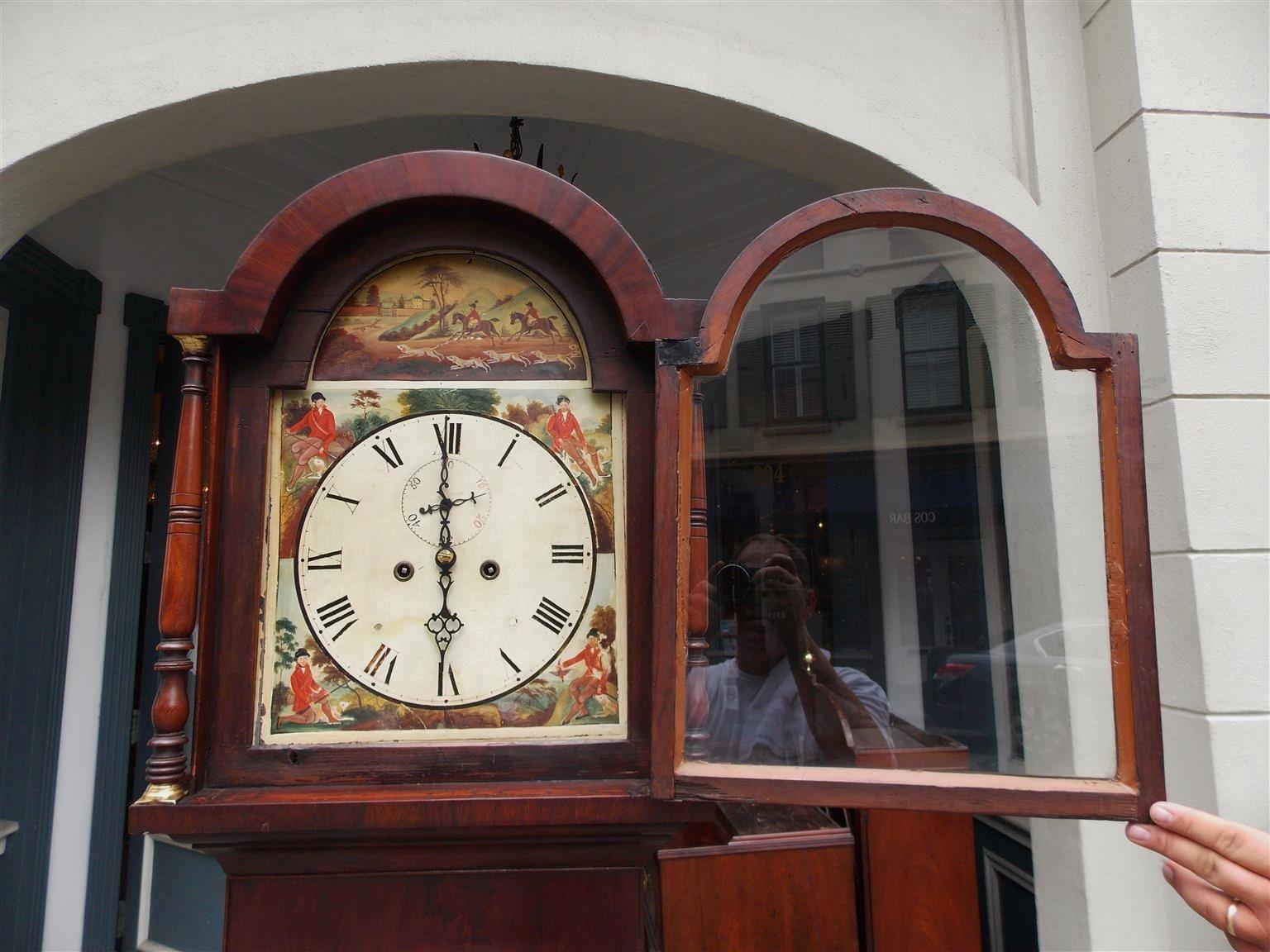Early 19th Century American Federal Mahogany Inlaid and Painted Tall Case Clock, Circa 1815