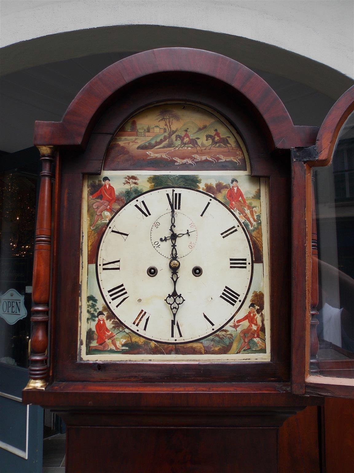 Brass American Federal Mahogany Inlaid and Painted Tall Case Clock, Circa 1815