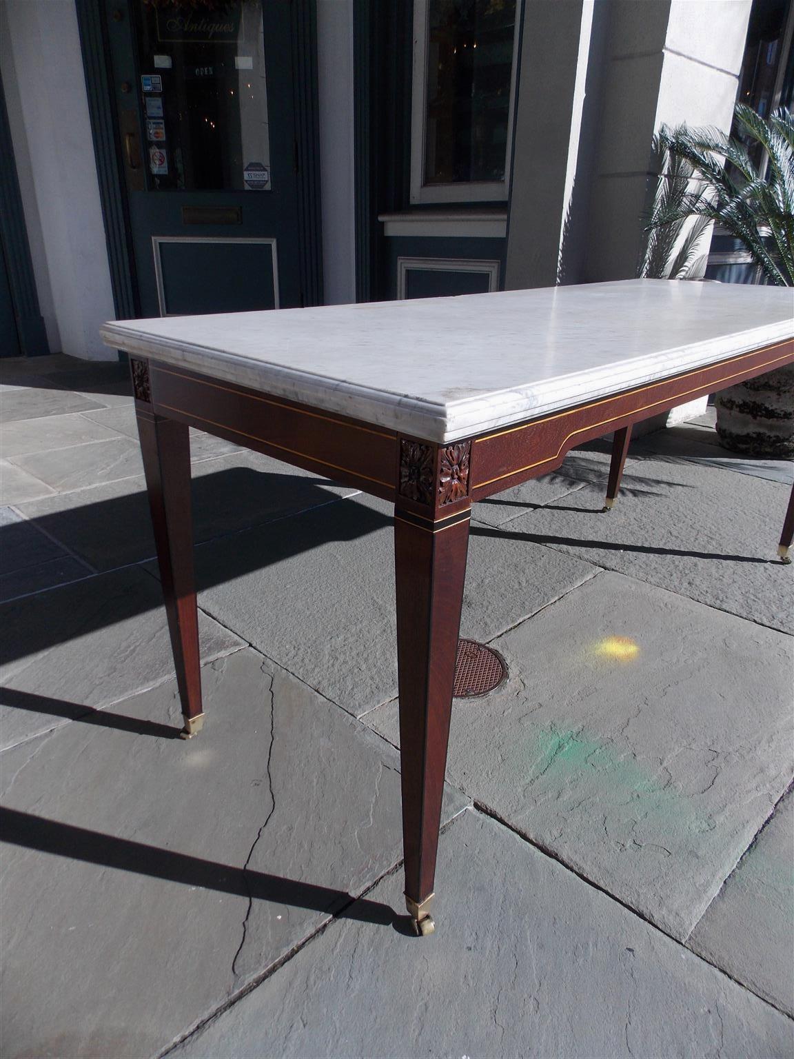 Hand-Carved American Federal Mahogany Marble Top Satinwood & Ebony Inlaid Console, C. 1790 For Sale