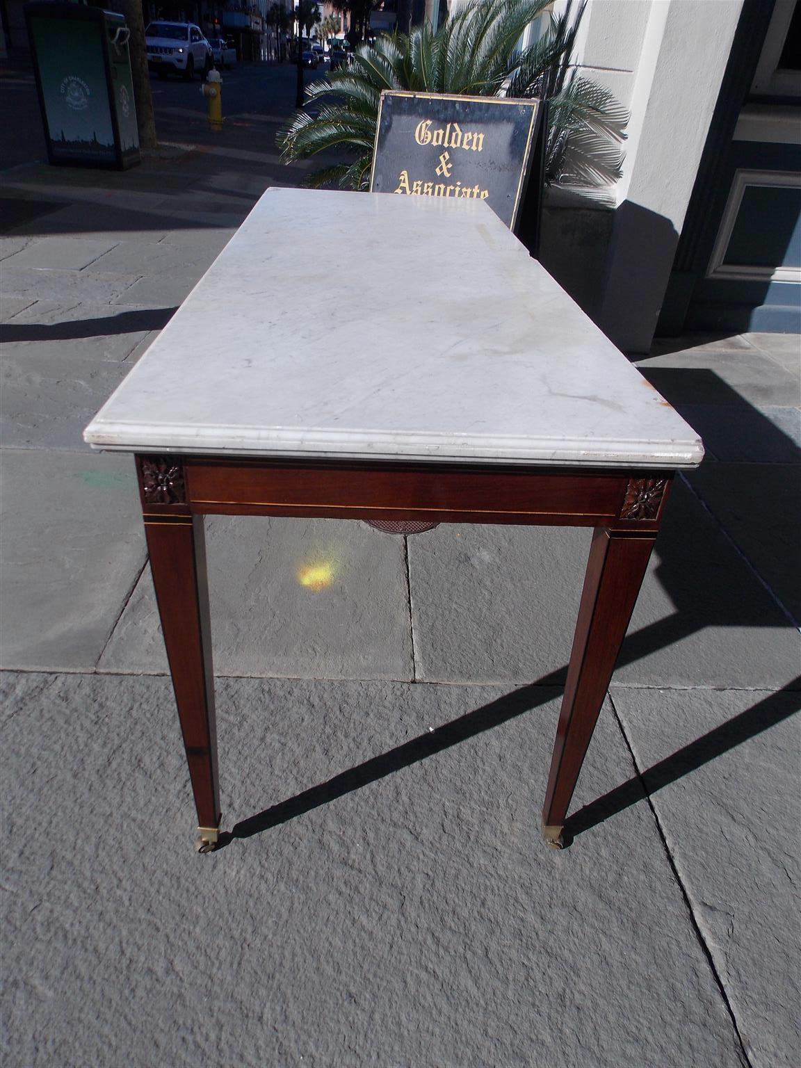 Late 18th Century American Federal Mahogany Marble Top Satinwood & Ebony Inlaid Console, C. 1790 For Sale