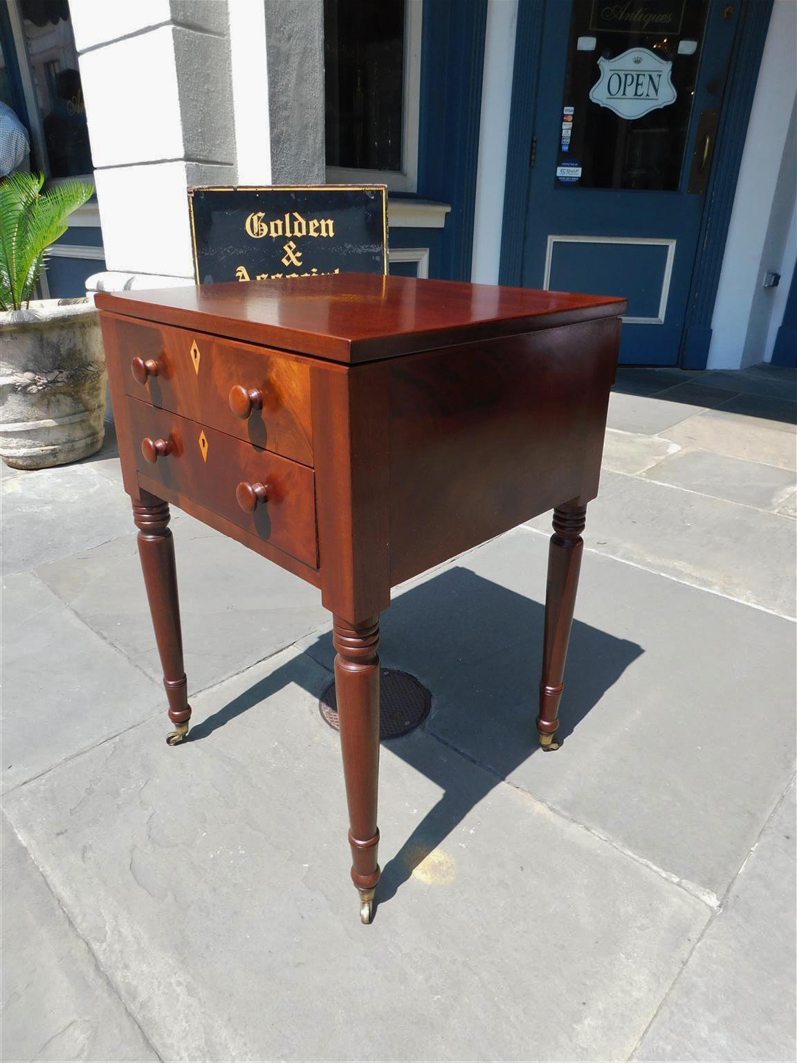 Inlay American Federal Mahogany Side Table with Fitted Interior Desk on Casters, 1820  For Sale