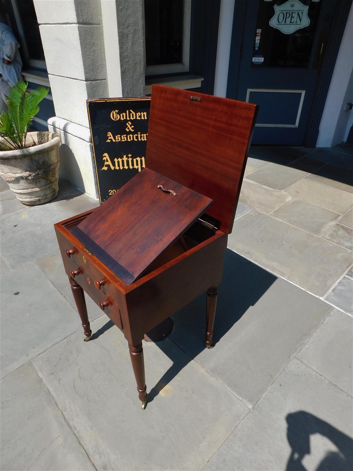 Poplar American Federal Mahogany Side Table with Fitted Interior Desk on Casters, 1820  For Sale
