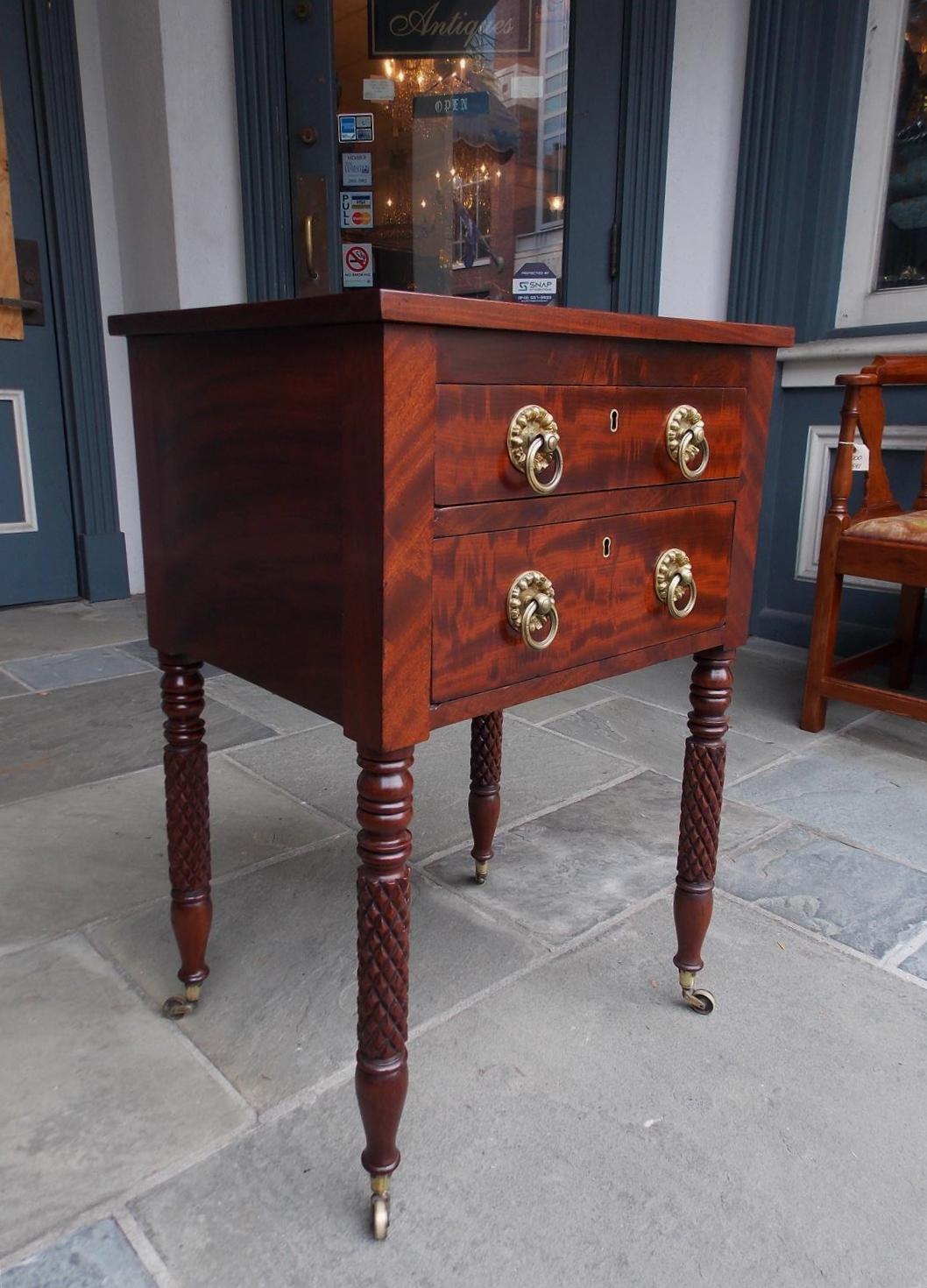 Early 19th Century American Federal Mahogany Two-Drawer Stand with Original Gilt Brasses, C. 1810 For Sale