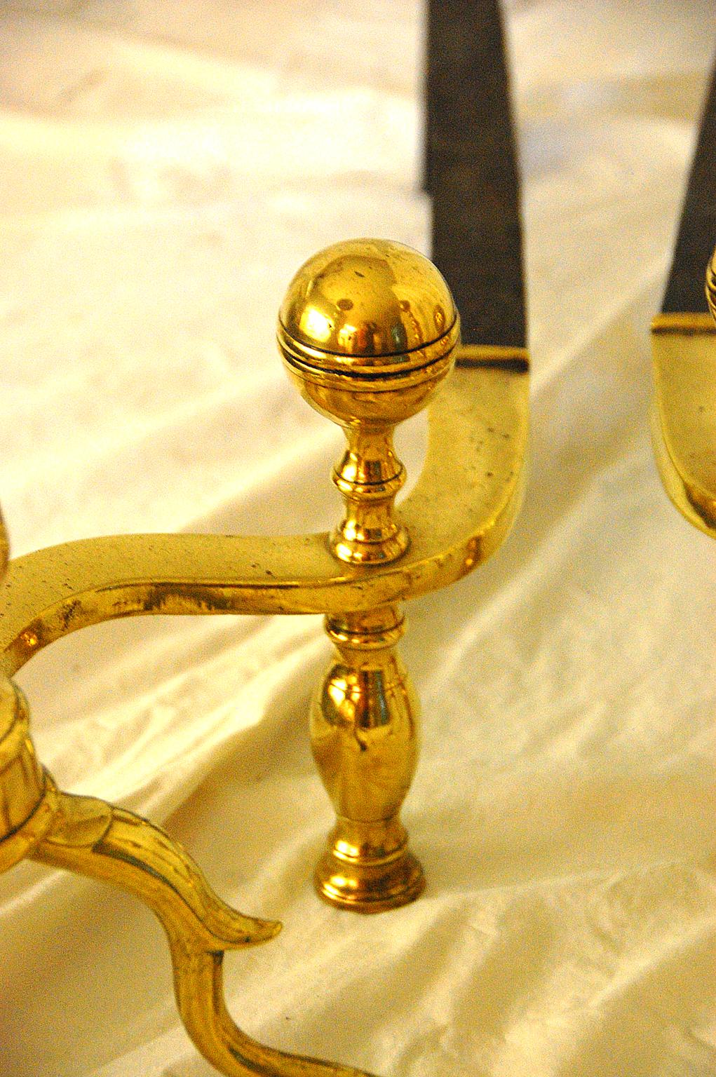 American Federal Period Brass Ball Top Andirons, Boston Region In Good Condition In Wells, ME