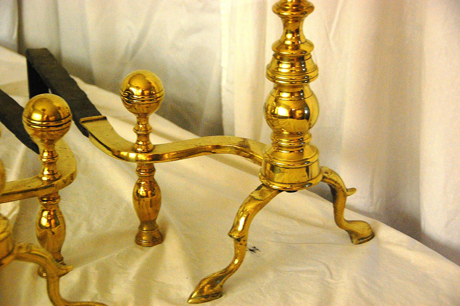 19th Century American Federal Period Brass Ball Top Andirons, Boston Region