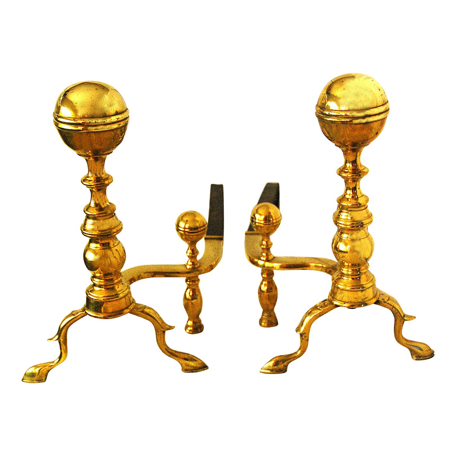 American Federal Period Brass Ball Top Andirons, Boston Region