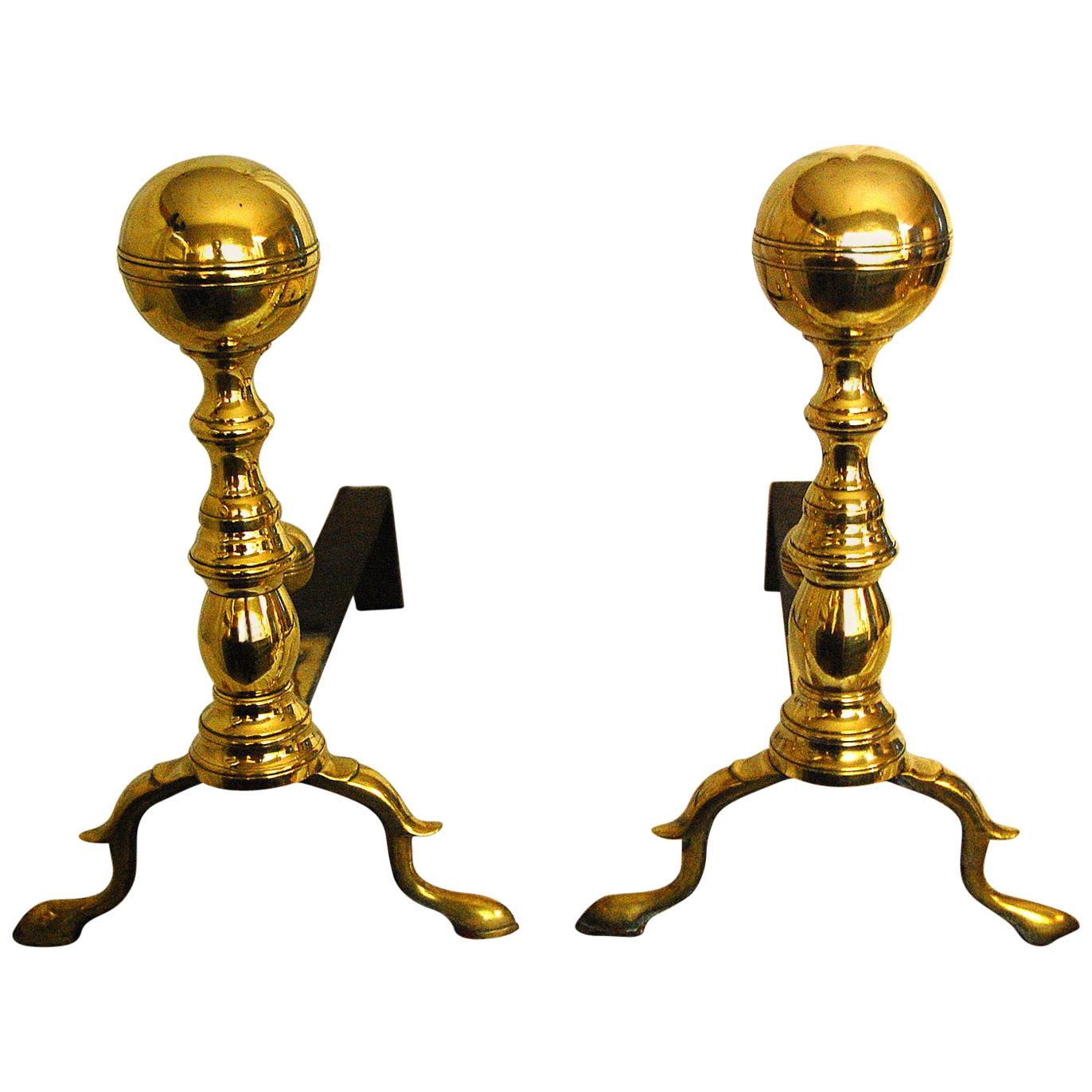 American Federal Period Brass Ball Top Andirons from Boston Area
