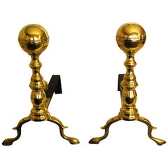 American Federal Period Brass Ball Top Andirons from Boston Area