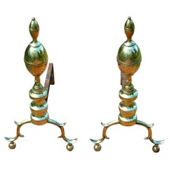 Antique American Federal Period Brass Double Lemon Top Andirons