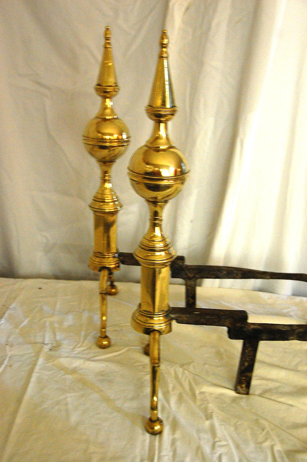 American Federal Period Brass Spire and Ball Andirons Signed R. Wittingham 5