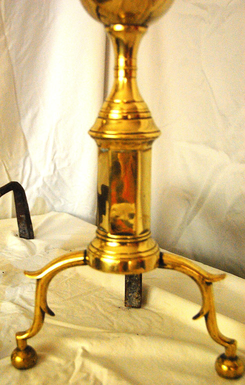 Cast American Federal Period Brass Spire and Ball Andirons Signed R. Wittingham