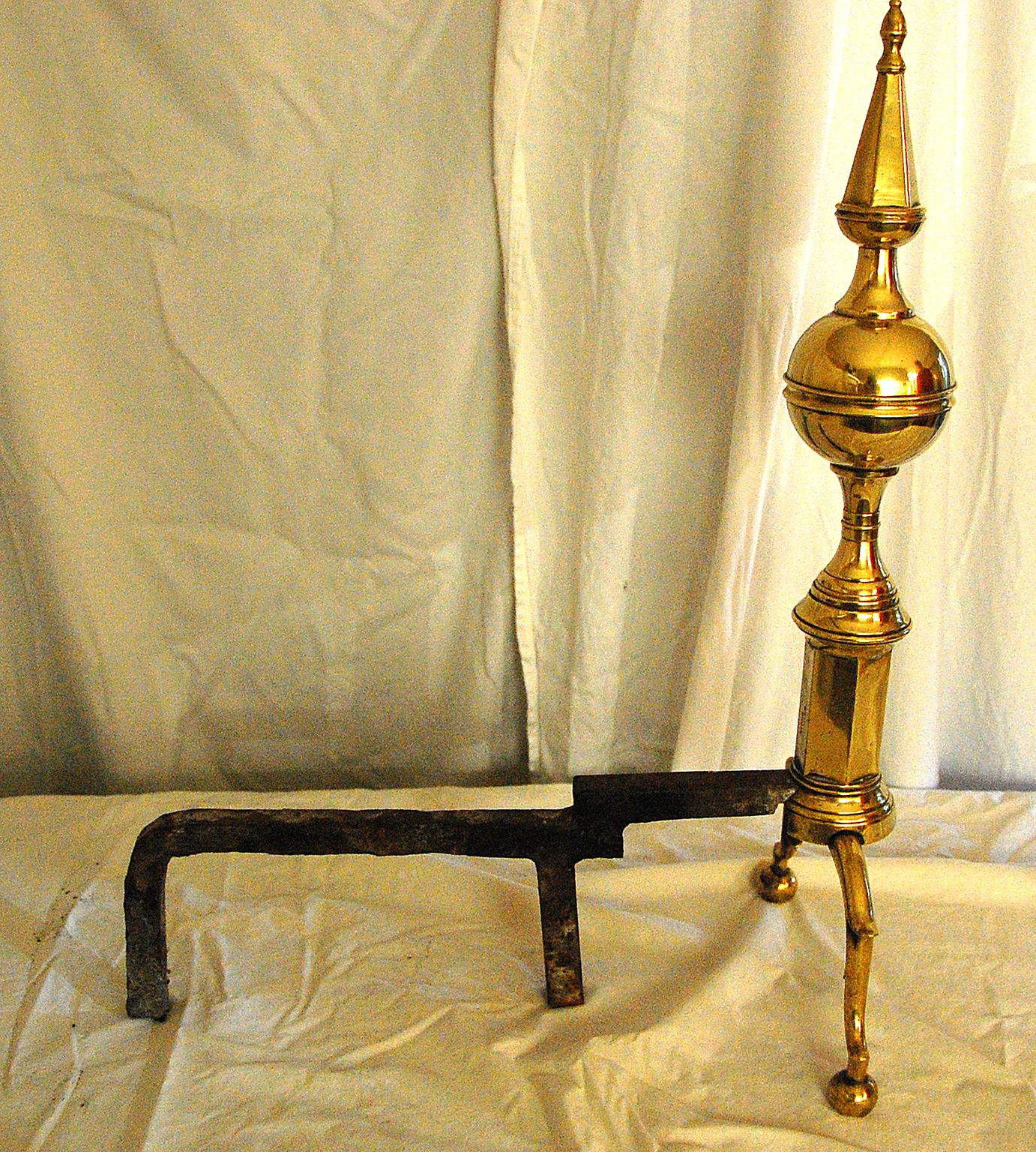 American Federal Period Brass Spire and Ball Andirons Signed R. Wittingham 2