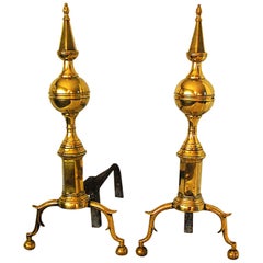 American Federal Period Brass Spire and Ball Andirons Signed R. Wittingham