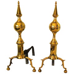 Antique American Federal Period Brass Spire and Ball Andirons Signed R. Wittingham