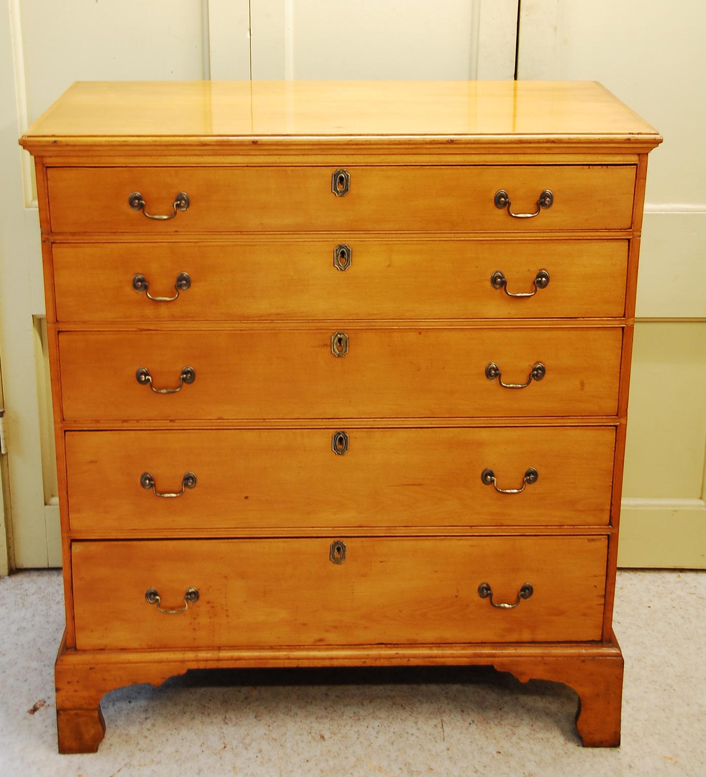 American Chippendale period Federal maple tall chest of five graduated drawers. This chest has a bracket base, dovetailed construction, molding around the opening for each drawer (instead of on the drawer itself), and molded top. New England origin.