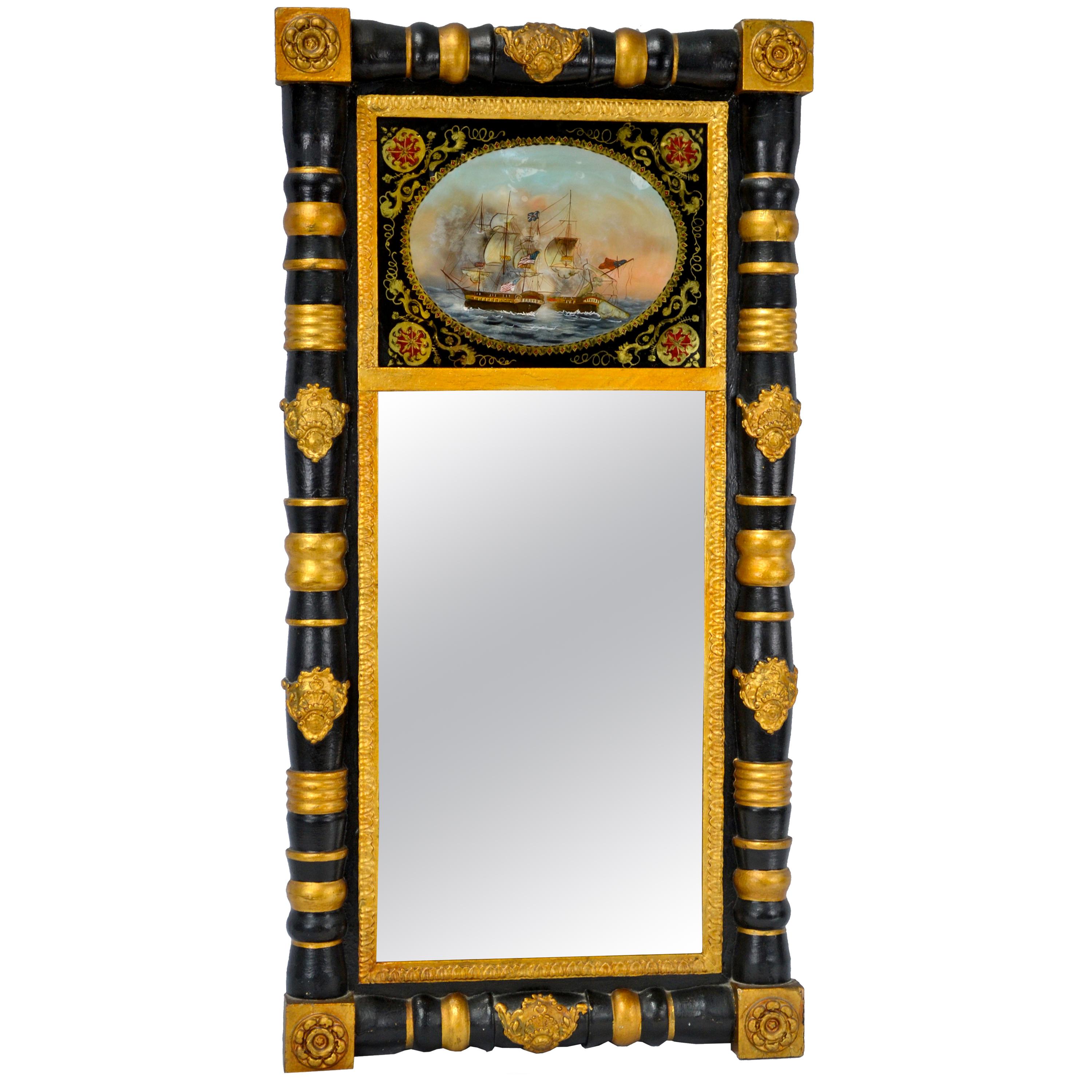 American Federal Period Ebonized Mirror with an Eglomisé Naval Battle Scene