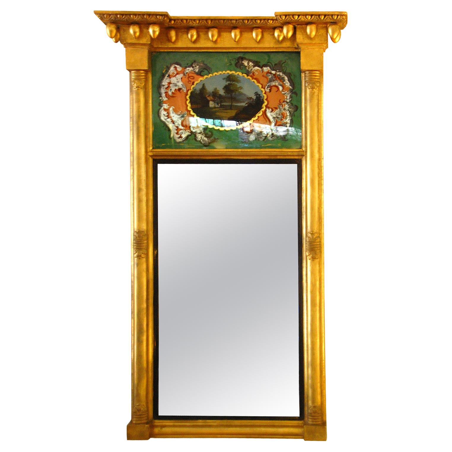 American Federal Period Eglomise Gold Leaf Mirror with Acorn and Column Details