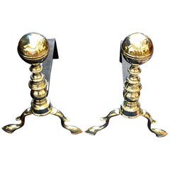 Antique American Federal Period Pair of Brass Belted Ball Top Andirons
