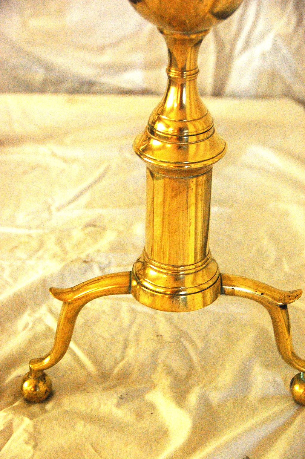 Cast American Federal Period Signed Brass Andirons Belted and Spired Ball Tops