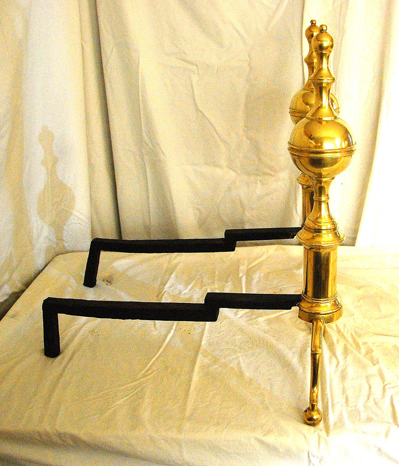 American Federal Period Signed Brass Andirons Belted and Spired Ball Tops In Good Condition In Wells, ME