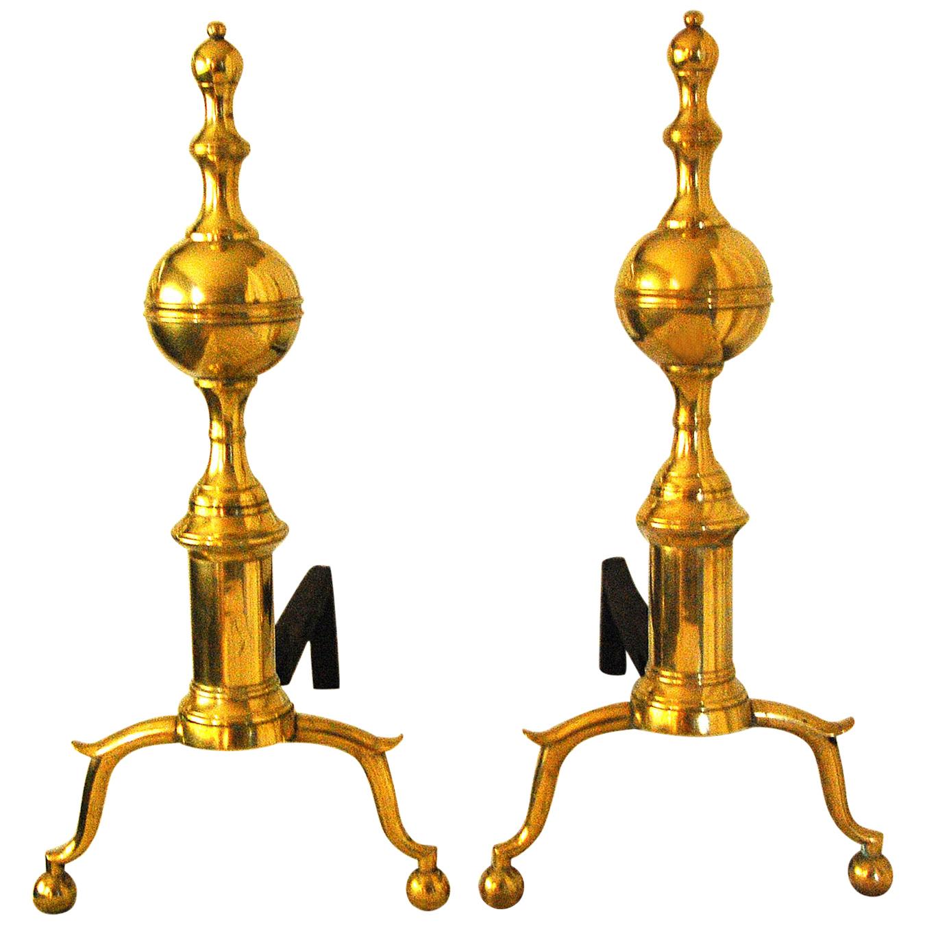 American Federal Period Signed Brass Andirons Belted and Spired Ball Tops