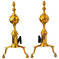 American Federal Period Signed Brass Andirons Belted and Spired Ball Tops