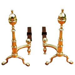 Antique American Federal Philadelphia Brass Andirons Faceted Acorn Top