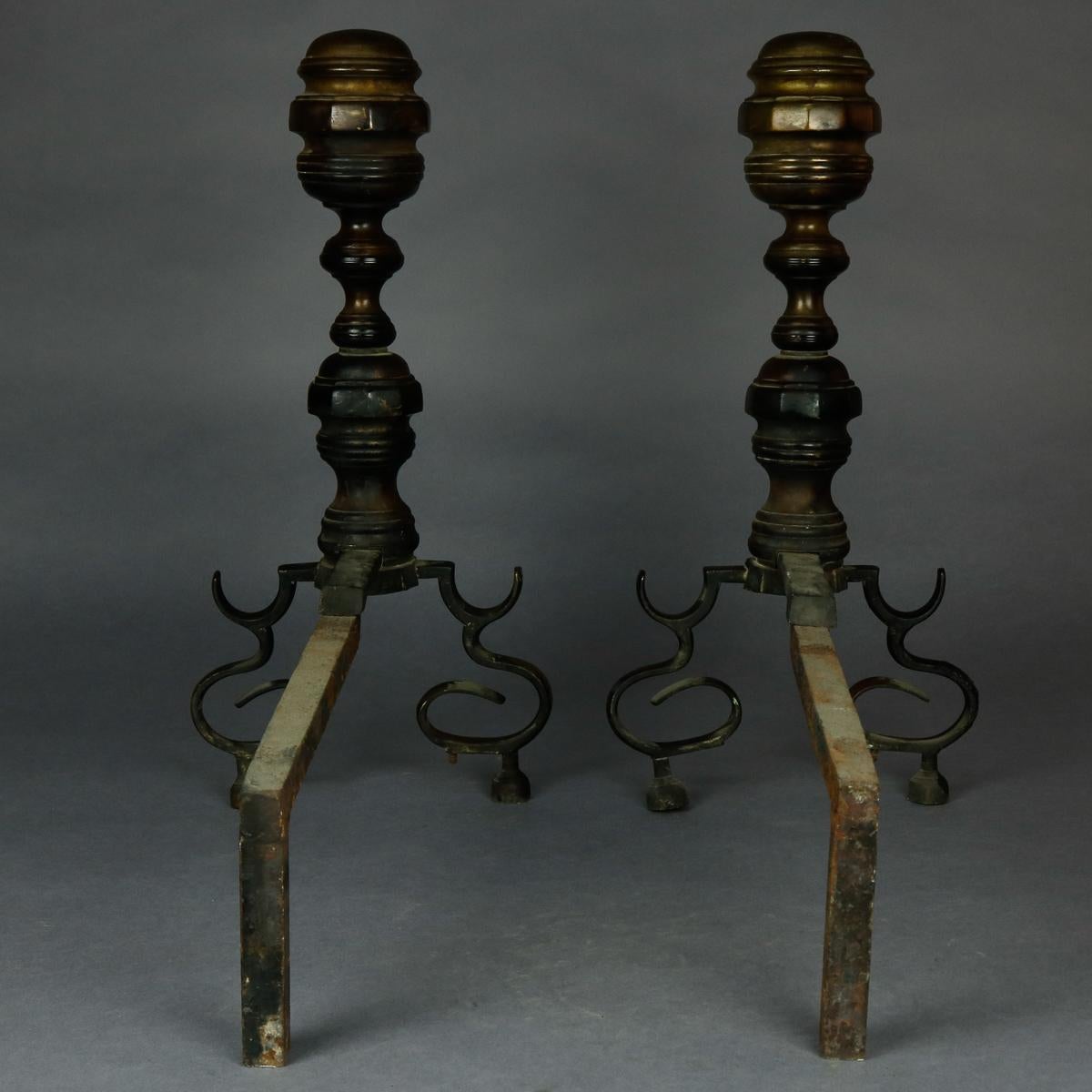 19th Century American Federal Philadelphia Style Brass Beehive Fireplace Andirons, circa 1850