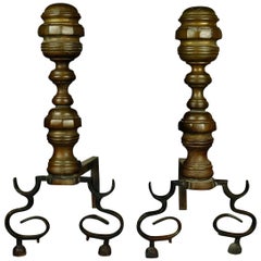 American Federal Philadelphia Style Brass Beehive Fireplace Andirons, circa 1850