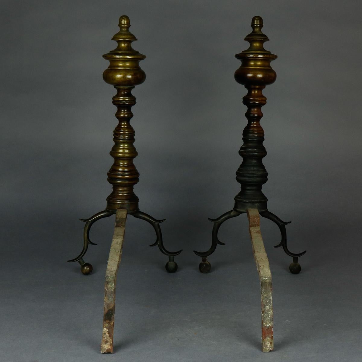 American Federal Philadelphia Style Brass Beehive Fireplace Andirons, circa 1930 In Good Condition In Big Flats, NY
