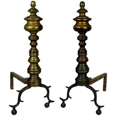 American Federal Philadelphia Style Brass Beehive Fireplace Andirons, circa 1930