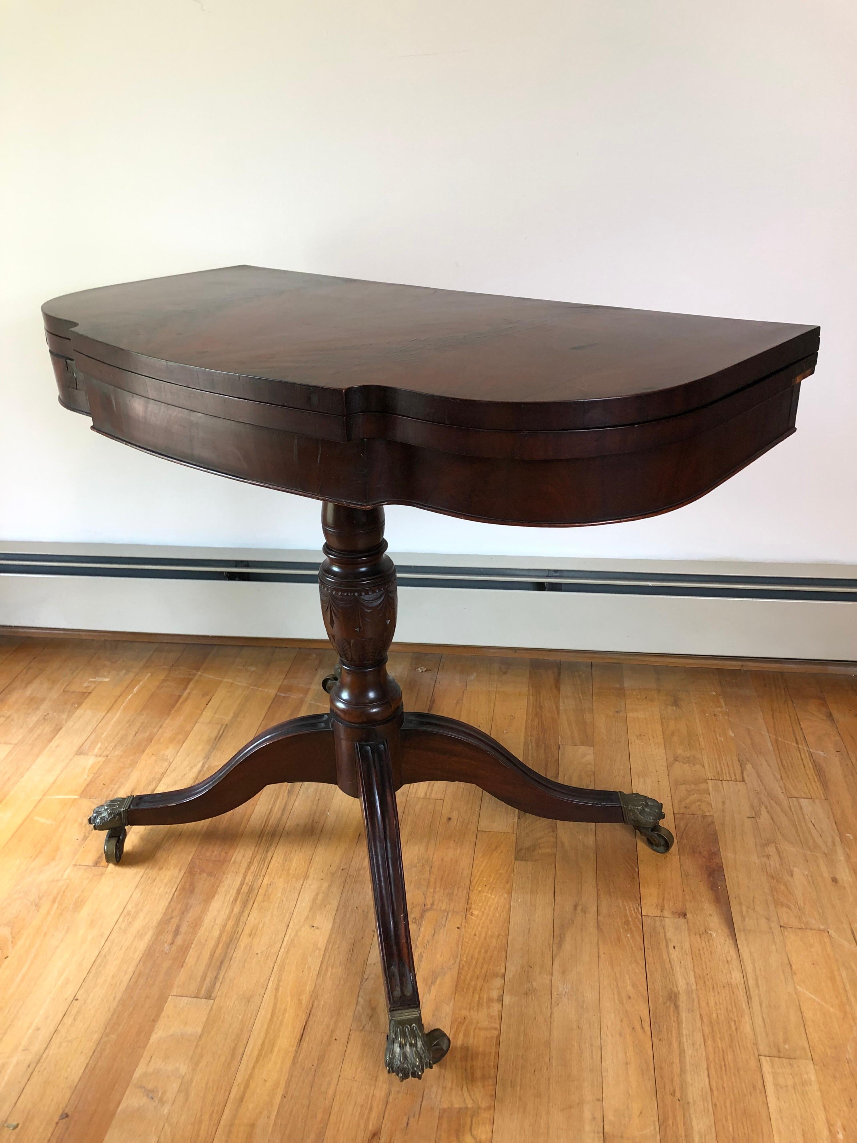 Brass American Federal Relief Carved Mahogany Card Table, New York, circa 1810 For Sale