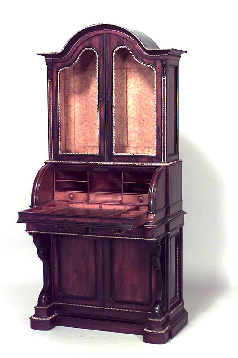 American Federal rosewood and maple interior roll top secretary with bronze and ebonized trim (Attributed to Leon Marcotte, N.Y.)
