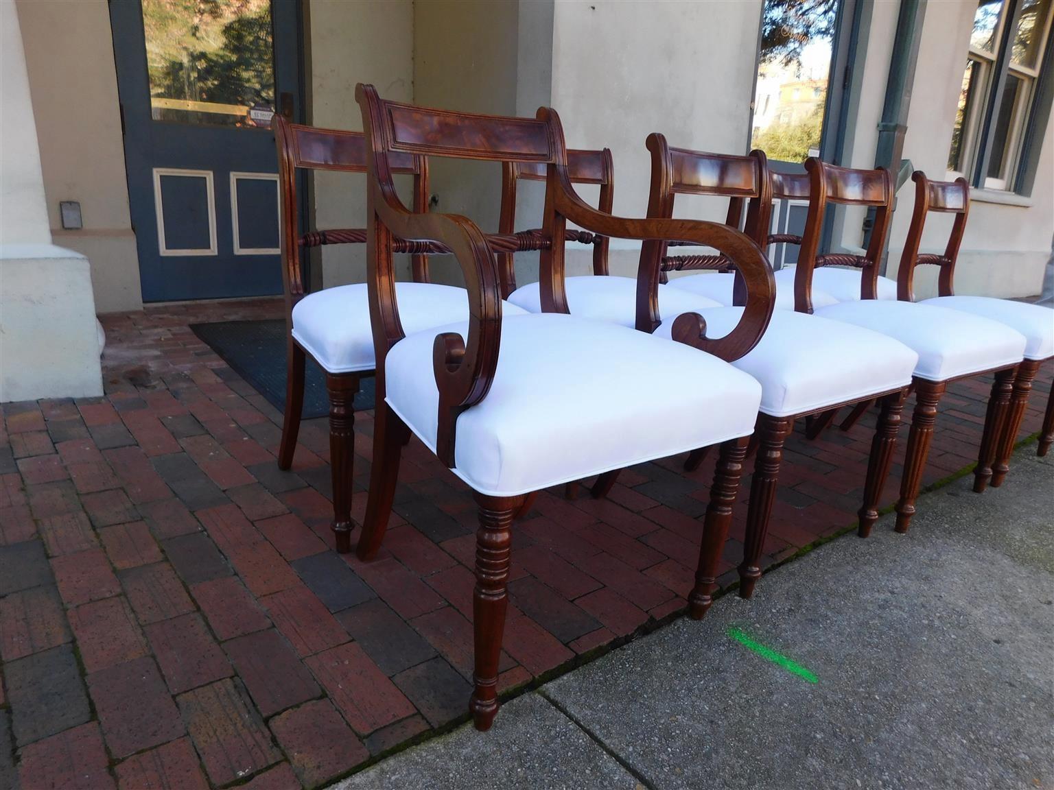 Muslin English Regency Set of Eight Mahogany Dining Room Chairs W/ Reeded Legs C. 1810 For Sale